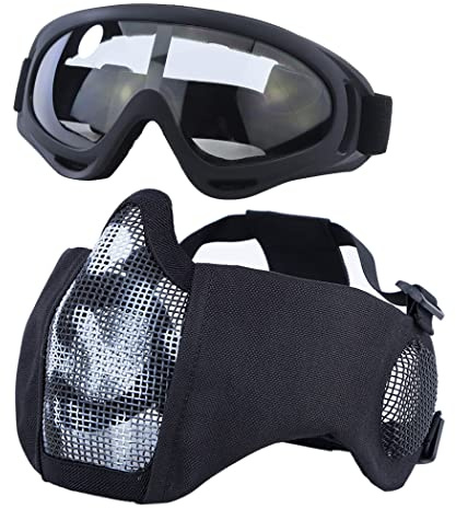 Yzpacc Airsoft Mask with Goggles, Foldable Half Face Airsoft Mesh Mask with Ear Protection for Paintball Shooting Cosplay CS Game (WB)