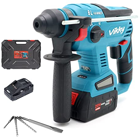 Vikky 20V SDS Plus Bohrhammer, bürstenloser Akku-Abbruchhammer-Kit, mit 4.2Ah Akku und Ladegerät, 4 Funktionen, geeignet für Bohrer, spitze/flache/U-förmige Meißel