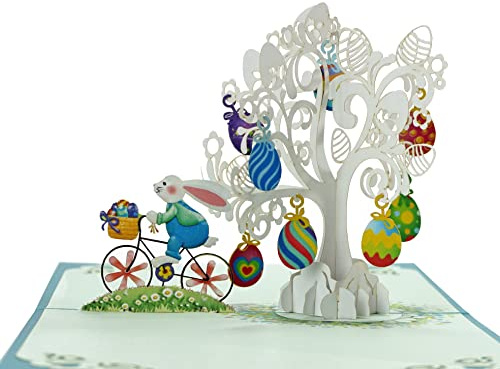 Happy Easter Bunny Bicycle Pop Up 3D card. Special Occasion Easter Celebration, a delightful surprise Easter greeting card for Kids,Children,Family and Friends. 15cmx15cm (Easter Bunny Bike)