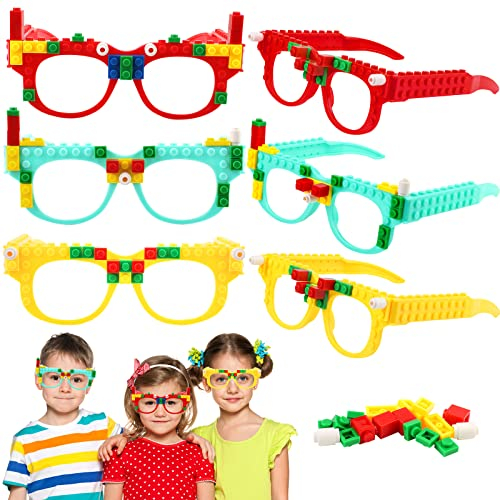 Cresbel Bauklötze Brille - 9 Stück Party Brille Lustig mit DIY Blöcken, Building Bricks Gläser, Bausteine Brillen Party Zubehör für Kinder Partys Geburtstag, Bauklötze Themen Party, Foto Requisiten