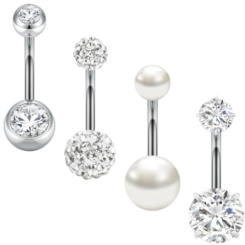 Aucuu 4PCS Piercing Ombligo, 14G Ombligos Piercings de Acero Inoxidable, Forma de Barra Curvada y Circonita CZ Cúbica Perla Ombligo Piercing Joyería para Mujeres Hombres