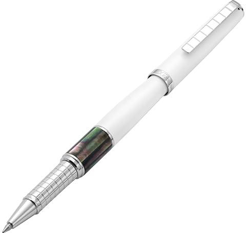 Xezo Speed Master Stylo roller à pointe fine Blanc mat avec nacre noire de Tahiti Chromé Corps léger en laiton