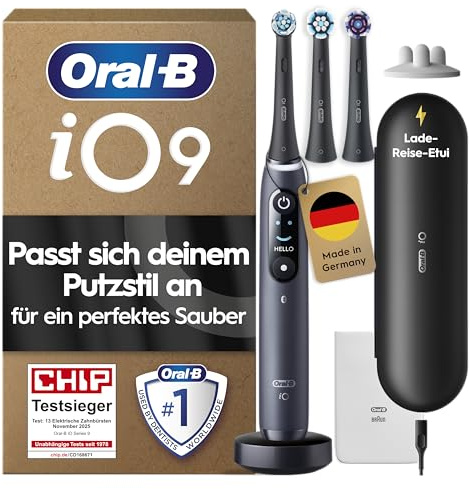 Oral-B iO Series 9 Elektrische Zahnbürste — Electric Toothbrush, Inkl. 3 Aufsteckbürsten — 7 Modi für Zahnpflege, CHIP Testsieger (11/25), Designed by Braun, Schwarz