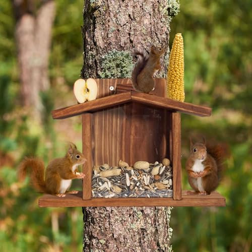 Makamsui Eichhörnchen-Futterstation aus Holz für den Garten, Streifenhörnchen-Picknicktisch-Futterstation mit Maiskolbenhalter für draußen, lustige Squurrill-Nuss-Bar, langlebige