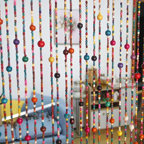 Urmforweilin 38 Strands Colorful Boho Hippie Door Beads Curtain, Hanging Wood Beaded Curtain for Doorways 36 Inches x 79 Inches (Rainbow)