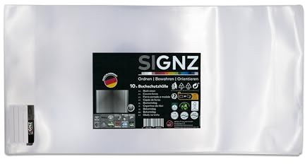 SIGNZ Buchschutzfolie, 26,7 x 54 cm, 10 Stück, transparent, sehr starke 140 my (0,14mm), glasklar, CO2-neutral hergestellt, made in Germany