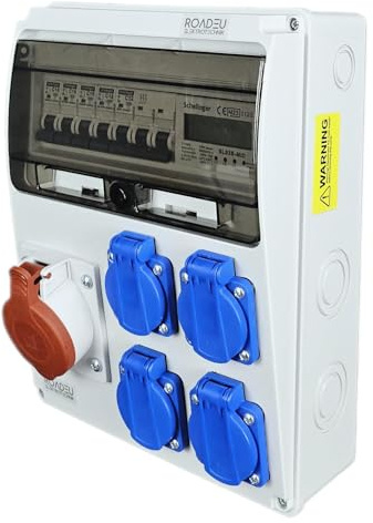RoadEu - Caja de Distribución Eléctrica con contador de electricidad. Toma CEE 32A y 4x Schuko 230V. Distribuidor de corriente con contador y disyuntor. Cuadro Eléctrico de Obra, Premontado