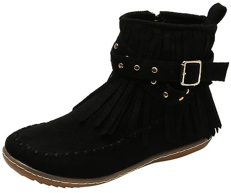 Botines para mujer, estilo casual, estilo liso, con flecos, cómodos, planos, cilíndricos medios, redondos, tallas grandes, botines occidentales, Negro , 42 EU