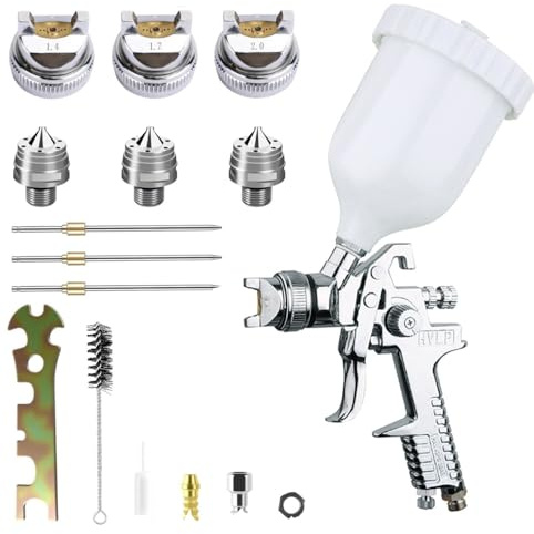 SHOPROM Pistolet de Peinture H827-600CC, Pulvérisateur avec Buses Interchangeables, Réservoir 600 ml, Kit de Nettoyage et Gants, Acier Inoxydable, Gris Métal