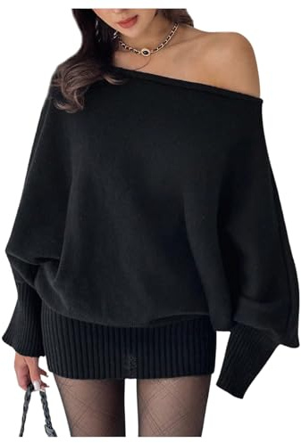 GORGLITTER Women's Asymmetrical Off Shoulder Jumper Dresses Rib Knit Long Sleeve Mini Trendy Fall Winter Dress Black Small