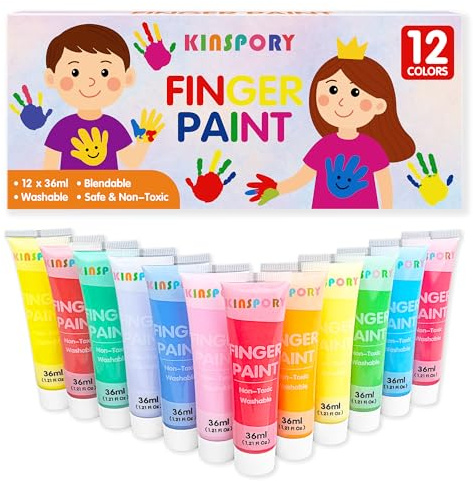 KINSPORY Colori a Dita per Bambini 12 x 36 ml – Colori Lavabili per Bambini, Non Tossici, Sicuri per Mani e Piedi, Materiali Artistici Prescolari Regali Creativi