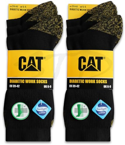 CAT CATERPILLAR - Calzini da lavoro per diabetici, da uomo, comodi, senza gomma, in cotone di alta qualità, taglie 39-42 e 43-46, 6 paia di colore nero, 43-46