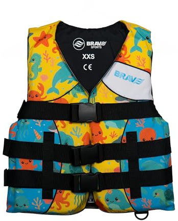 BRAVE SPORTS Chaleco Ayuda a la Flotabilidad Niños 50N Certificado – Flotador Infantil Playa, Piscina, Kayak y Barco – Nylon Resistente + PVC – 3 Cintas