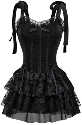 GORGLITTER Women's Velvet Lace Ruffle Mini Cami Dresses Tie Shoulder Bow Flared Flowy Goth Vintage Party Dress Black Small