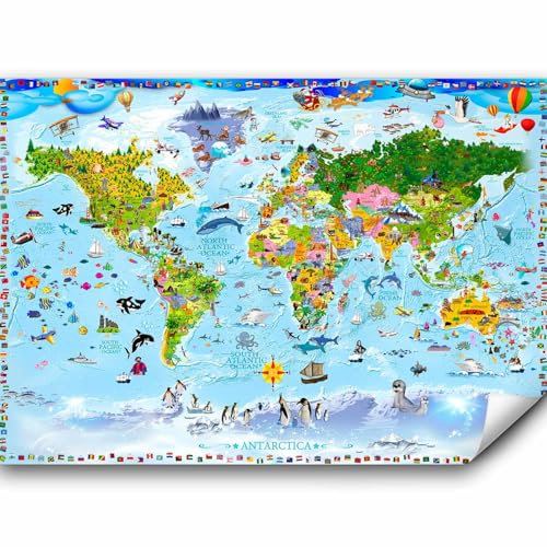 murando - Papier peint panoramique chambre d'enfant 250x175 cm - Pour les enfants drapeaux colorés continents cartes plantes monde animaux enfant d'âge préscolaire e-A-0102-a-a