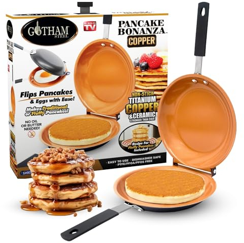 Gotham Steel Double Pan, The Perfect Pancake Maker – Nonstick Copper Easy to Flip Pan, Double Sided Frying Pan for Fluffy Pancakes, Omelets, Frittatas & More! Pancake Pan Dishwasher Safe