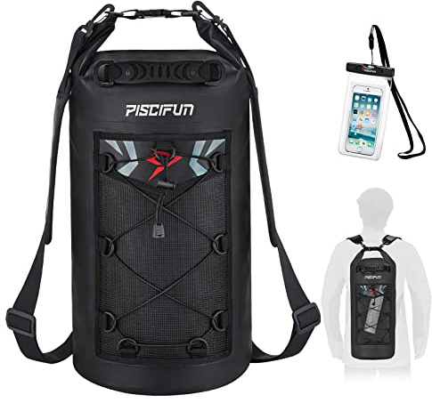 Piscifun Dry Bag, Waterproof Floating Backpack 30L with Waterproof Phone Case for Boating, Kayaking, Fishing, Black 30L