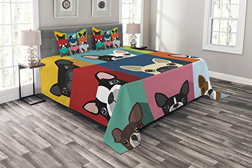 ABAKUHAUS Pop Art Tagesdecke Set, Terrier Portrait, Set mit Kissenbezügen Waschbar, für Doppelbetten 220 x 220 cm, Blau Rosa