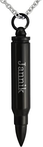 Hanessa Personalisierte Kette mit Gravur Edelstahl 50 cm mit Anhänger Patronenhülse Pistolenkugel zum Aufschrauben in schwarz - Personalisierte Halskette für Männer Frauen - Personalisierter Schmuck