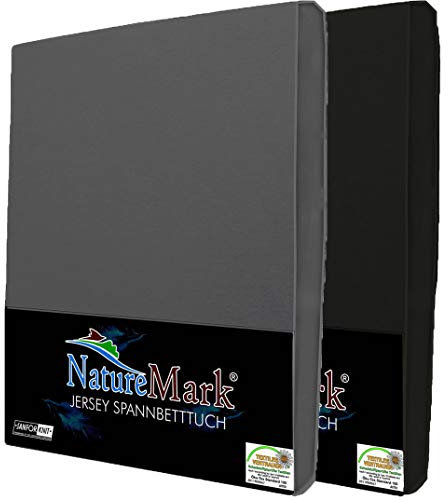 NatureMark 2er Pack Jersey Spannbettlaken, Spannbetttuch 100% Baumwolle in vielen Größen und Farben MARKENQUALITÄT ÖKOTEX Standard 100 | 120 x 200 cm - Anthrazit/Schwarz