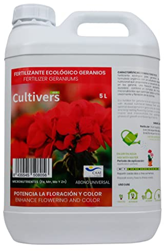 CULTIVERS Fertilizante Geranios Ecológico Líquido 5 L. Hojas más verdes, Mayor Floración e Intensifica el color. Con Macronutrientes y Micronutrientes. Abono 100% Orgánico y Natural
