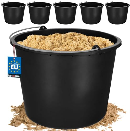 KOTARBAU Juego de 5 cubos de plástico de 20 l para la construcción, cubos para mortero, cemento, agua, cubo de jardín, negro