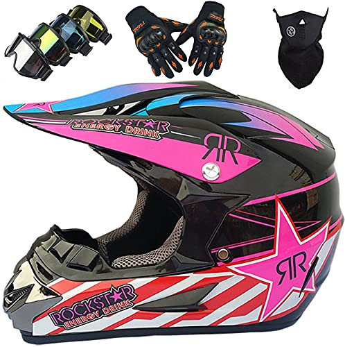 KILCVEM Motocross Helm, Kinder Erwachsene Fullface Motorradhelm MX MTB Scooter Downhill Enduro Crosshelm Set mit Handschuhen Brillen Maske - Rockstar - S-XL/52-59cm,Pink-L