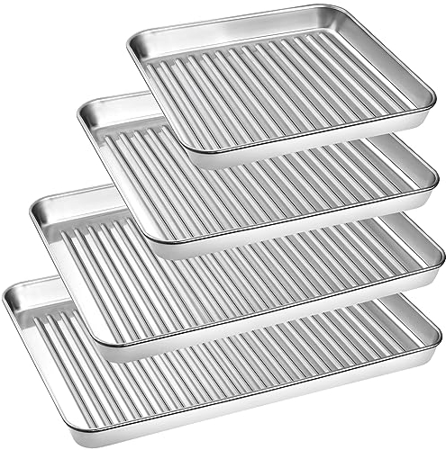 Essentials - Set di 4 teglie da forno antiaderenti in acciaio inox, facili da pulire, per cucinare e arrostire, teglie rettangolari, design ondulato (grandi dimensioni)