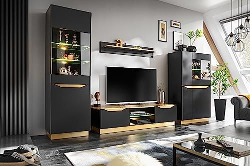 Generisch Wohnwand Fame Wohnzimmerset Wohnzimmer Wand Regal TV Wand Matt Hochglanz Vitrinenschrank Lowboard Wandregal mit LED (Schwarz Matt/Gold)
