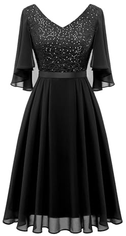 Dressystar Women Elegant Cocktail Dress V-Neck Lace Dress with Sequins Knee-Length Evening Dresses Wedding, Black, M