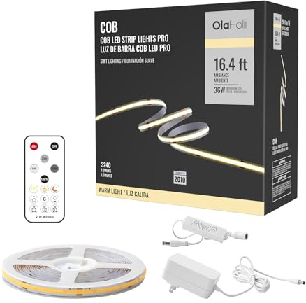 Olaholii 16.4ft COB LED Strip Light with Remote, 3000K Ra93+ Dimmable Bright Warm White Led COB Strip Light, White Continuous Led Strip Light for Mirror, Stair, Cabinet, Room