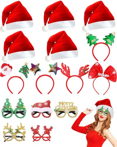Christmas Party Favors, Christmas Headwear Headbands and Glasses Set, Glitter Eyeglasses Headpieces Santa Hats Accessories Set for Xmas Adults Kids Party Supplies Decorations Photo Props,15 PCS