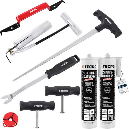 TECPO Scheibenausbauwerkzeug Set 10-teilig, 2X Scheibenkleber 290ml mit Schneidedraht, Durchstehahle, Lösewerkzeug für Windschutzscheibe Reparatur Montage Reparaturset Steinschlag Autoglas Ausbau