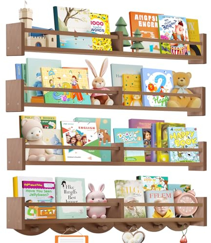 Dixryaus 34Inch Nursery Book Shelves Wall Mounted, Floating Book Shelf for Kids Coat Rack with 6 Hooks, Wall Hanging Shelf for Baby Nursery Room Organizer ，Patent Number:US-D1058229-S(4, Light Brown)