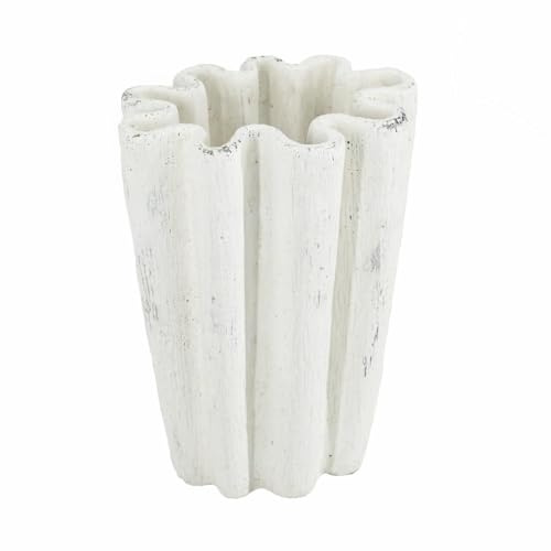 T2 Concept Rustic White Cement Vase with Scalloped Ribs – Handcrafted Modern Floral Holder for Bohemian Decor, Garden, or Gift - 9 L x 7 W x 12 H