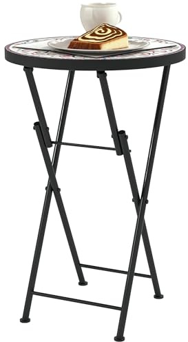 Outsunny Table d'appoint pliable avec design mosaïque - Diamètre : 35,5 x 55 cm - Ronde - Résistant aux intempéries - En métal - Table de camping - Table basse pour salon, bureau, extérieur -