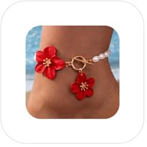 LOOKLITE Flower Anklets Bracelets for Women Plus Size,Boho Pearl Double Flower Ankle Bracelet Hawaiian Summer Beach Floral Anklet Waterproof Foot Jewelry Accessories