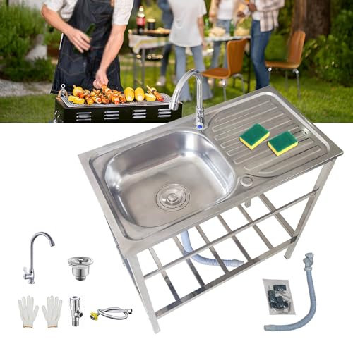 Evier Exterieur De Jardin Évier Sur Pieds En Acier Inox De Cuisine Évier Utilitaire avec Robinet Et établi Pour Garage Sous-Sol Terrasse Restaurant Facile à Assembler Robuste/Stable 75x40xH75cm