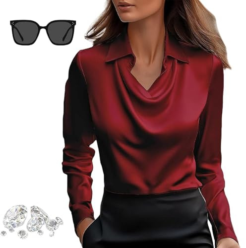 Generisch 2025 Camiseta de Manga Larga Elegante para Mujer con Cuello en V, de un Solo Color, con Drapado en la Parte Delantera, de Seda Satinada, para Trabajo y Oficina, rojo, M