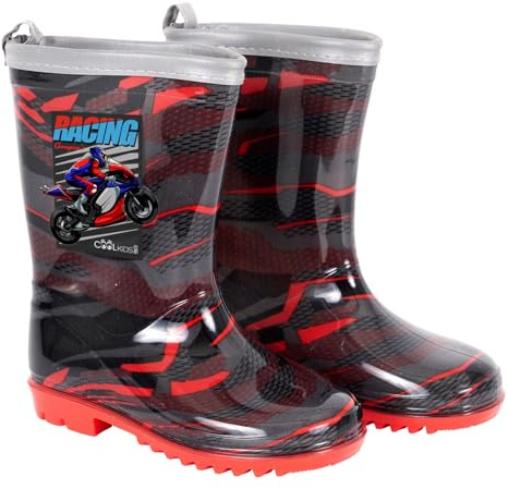 PERLETTI Bottes Pluie Enfant avec Moto de Course - Bottines Petit Garçon en PVC Détails Réfléchissants - Galoches Imperméables Enfants Semelle Antidérapante (22/23 EU, Moto)