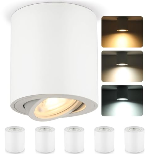 6 LED Foco de Techo Interior Recibidor Blanco Orientable 3000K / 4000K / 6000K, 6.5W Focos Superficie Gu10 Regulable Cilindro Aluminio, Aplique Techo Ceiling Pasillo Hallway 230V 550LM, Cilindrico