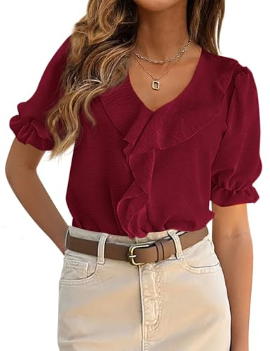 PRETTYGARDEN Women's Summer Dressy Casual Blouses 2026 Short Sleeve V Neck Ruffle Business Work Tops Trendy Spring Outfits (Burgundy,Large)