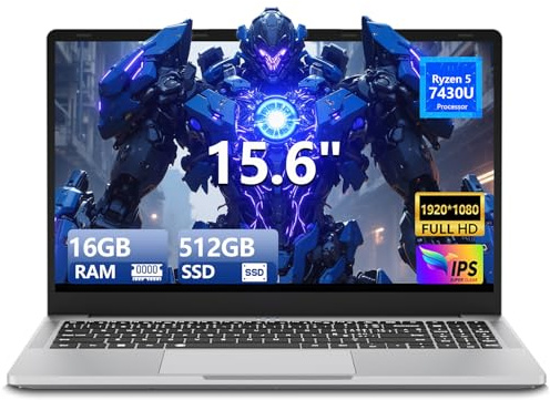 MOGIKK 15,6 Pulgadas Ordenador Portátil Ryzen 5 7430U, PC Portatil 16 GB RAM 512 GB SSD, Laptop gráficos Radeon, FHD IPS, Tipo-C, USB 3.0, HDMI, Teclado Digital retroiluminado Computadora portátil