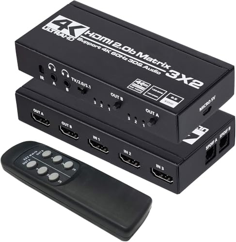 HDMI Matrix 3x2 4K 60Hz Matrix Switch 3 in 2 Out Switcher Splitter Box con estrattore EDID e telecomando IR, supporto Ultra 4K HDR, 3D/1080P, HDMI 2.0b, HDCP 2.2