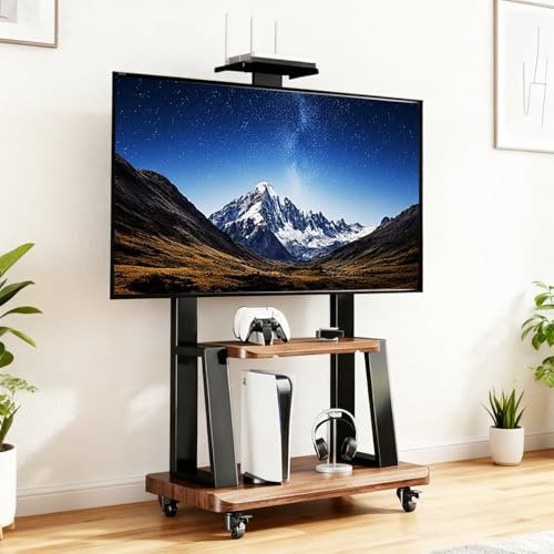 Support TV sur roulettes en acier pour téléviseur de 32 à 80 jusqu'à 150 kg, hauteur réglable avec étagère, incurvé ou écran plat, avec roulettes verrouillables