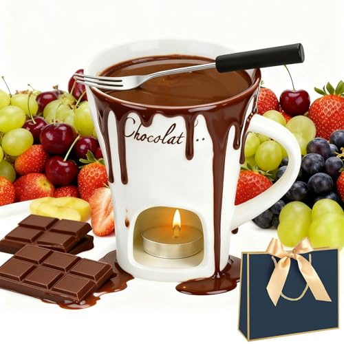 Chocolate Melt Mug, Chocolate Mug with Forks, Chocolate fonduta Mug, Hot Chocolate Mug, Chocolate Mug with Candle, Use with Melted Chocolate or Cheese (White)