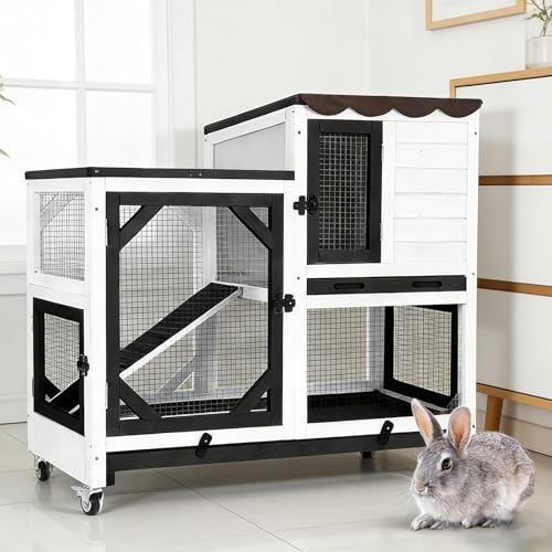 Rabbit Hutch Indoor Outdoor, 2-Story Bunny Cage with Wheels, Wooden Rabbit House with Leakproof Trays, Rain Cover, Guinea Pig Cages with Chew-Proof Ramp (White)