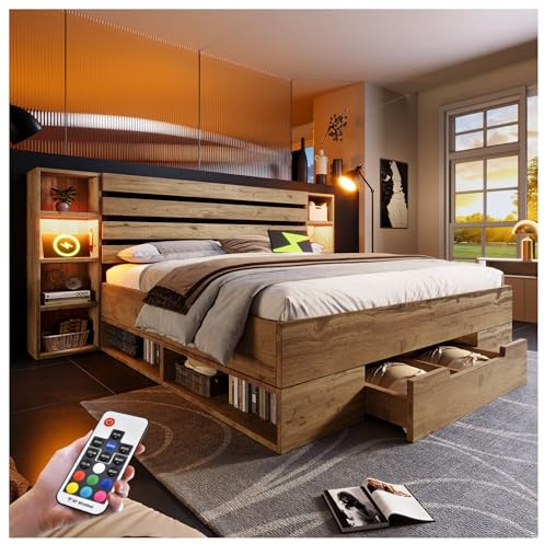 Lekvvied Letto matrimoniale con contenitore, Letto in legno massello 180×200 con testiera e cassetti portaoggetti, struttura letto con illuminazione LED e USB-C, rete a doghe di legno(senza materasso)