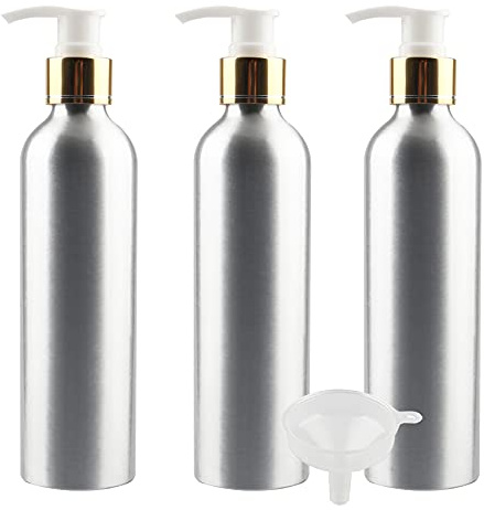 ZEOABSY 3 Piezas Rellenables vacío 250 ml Botella de Aluminio Plata con Blanco jabón Bombas Dispensadoras, para Champú de Loción, Gel de Ducha,Envase Cosmético