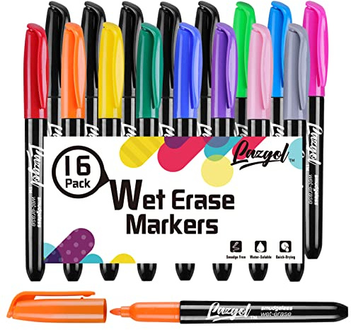 LAZGOL Wet Erase Markers, Bulk Pack of 16 (12 Colors) Fine Tip Overhead Transparency Smudge Free Markers for Dry Erase Whiteboard, Refrigerator Calendars, Glass and Films, Erase with Water